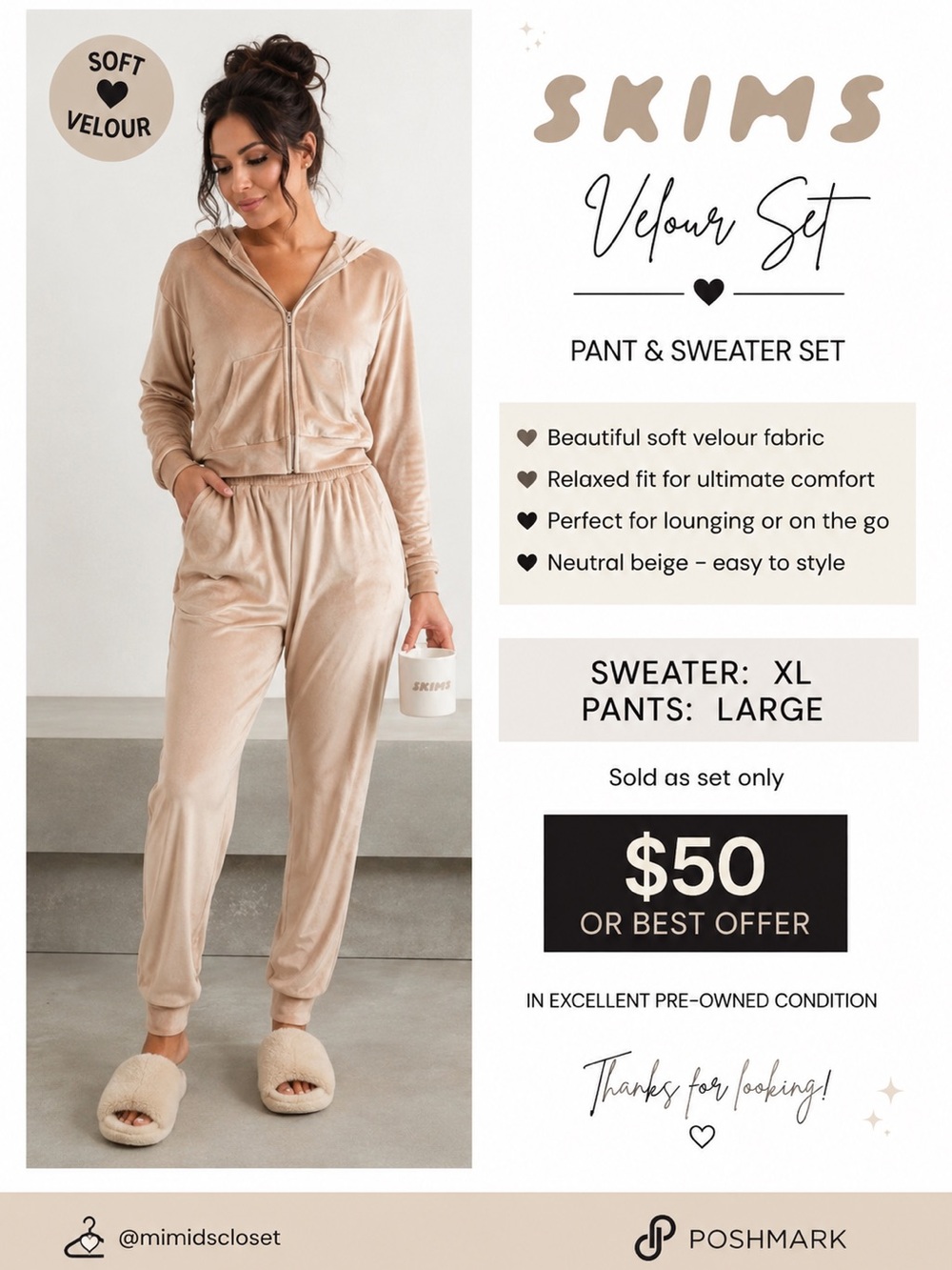 SKIMS Velour Hoodie & Jogger Pant Set Beige | XL/L